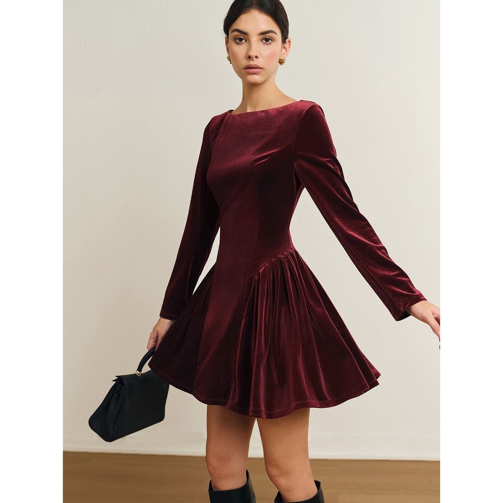 Commense Burgundy Velvet Long Sleeve Pleated Mini‎ Dress Elegant Party Holiday